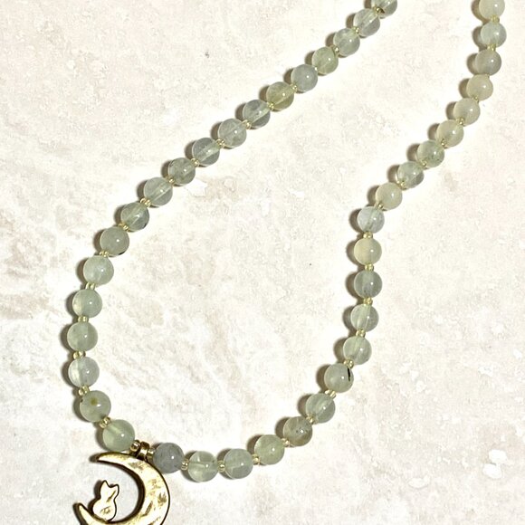 Genuine Gemstone Pale Green Prehnite Bronze Cat on the Moon Beaded Necklace - Picture 4 of 11